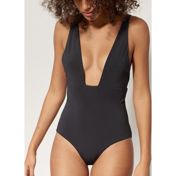 Mara Hoffman Audrey Black Plunge Neck One Piece Swimsuit Size Small - Picture 1 of 14